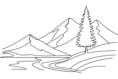 River Nature Line Art Vector Illustration ile Dağ Manzarası