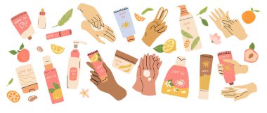 Set of sunscreen products with fruity design. Vector illustration of SPF sunblock tubes, sprays, and cream jars decorated with lemon, orange, peach fruits. Summer skincare packaging concept