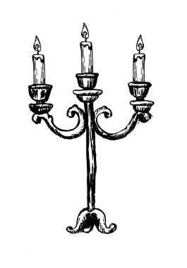 Mumlu Viktorya şamdanı. Elle çizilmiş kabartma taslak çizimi. Tatil ve gotik dekorlar için zarif detaylara sahip antik şamdanlar..