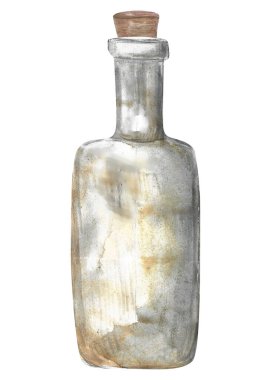 Siyah ve kahverengi renkli suluboya zeytin yağı şişesi. Suluboya ve kalemlerle yapılmış Retro cam çizimleri. El çizimi illüstrasyon.