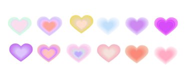 Kalp aurası vektör kümesini şekillendirir. Rengi mor, kırmızı, yeşil ve mavi renklerde kalp koleksiyonu. y2k tasarımları için bulanık 3D şekiller.