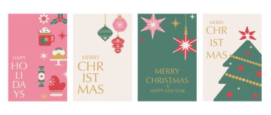 Modern minimalist tarzda Noel kartları. Xmas süslerinin vektör çizimleri, yıldızlar, noel ağacı, şenlikli elementler. Kış tatili arka plan vektör geometrisi seti.