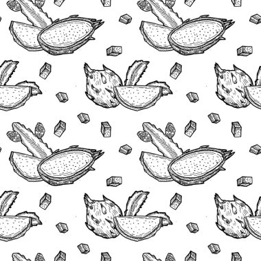 Çizgi çizgisi ejderha meyvesi deseni. Pitaya ile taze yemek geçmişini özetle. Sarma, tekstil, kumaş, boyama sayfaları için tropik meyve yaz deseni. Doodle Dragon meyvesi pürüzsüz desen. Sarma, tekstil ve kumaş için tropik meyve yaz deseni,