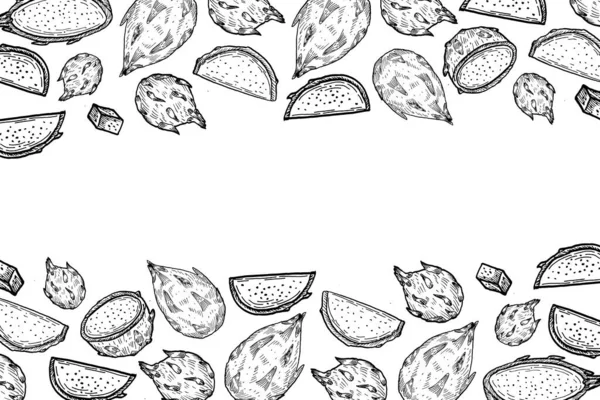 El çizimi ejderha meyve çerçevesi ve metin için boş alan. Tropikal ve dilimlenmiş meyveli gıda arka planı. Paket tasarımı, kumaş ve tekstil için mürekkep çizimi pitaya yatay çerçevesi.