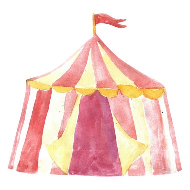 Suluboya sirk çadırı çizimi izole edildi. Sirk partisi için kırmızı ve sarı renkli çadır, bebek partisi.