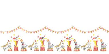 Hayvanlarla ve akrobatlarla dolu bir sirk sınırı. Suluboya çizimi. Şirin çocuk ve Bunting 'le kusursuz bir sirk deseni. Kumaş, tekstil, ambalaj kağıdı için mühür, at ve akrobat çizimi.