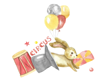 Şirin tavşan ve davulun suluboya sirk çizimi. Sirk tavşanının şapka, balon, davul ve patırtı kompozisyonu. Pankart, poster ve davetiye için mükemmel. Karnaval hayvanı.