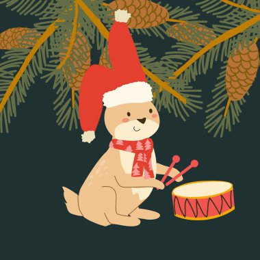 Üzerinde ladin dalı olan şirin Noel Tavşanı şenlik kartı. Noel Tavşanı 'nın Xmas atkısı, şapkası ve köknar köknar sınırı var. Çizgi film düz stiliyle vektör illüstrasyonu.