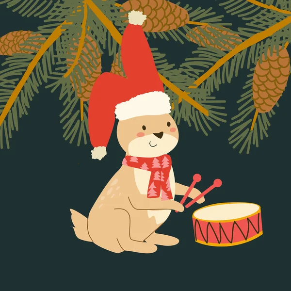 Üzerinde ladin dalı olan şirin Noel Tavşanı şenlik kartı. Noel Tavşanı 'nın Xmas atkısı, şapkası ve köknar köknar sınırı var. Çizgi film düz stiliyle vektör illüstrasyonu.
