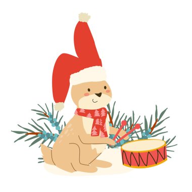 Noel Baba şapkalı şirin bir Noel tavşanı. Noel kompozisyonu ardıç ve bebek Noel hayvanıyla. El çizimi vektör illüstrasyonu.