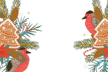 Botanik elementlerle süslü Noel çerçevesi, ispinoz kuşu, ağaç kurabiyesi ve kış bitkileriyle. Tatil sınırında ardıç meyveleri, ladin dalları, şeker kamışı.