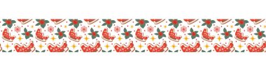 Kırmızı renklerde noel aralıksız sınırı. Hediye olarak kutlama dekorasyon kaseti, paket kağıtları. Noel kurabiyeleri kışın bitki, yıldız ve pullarla sınırlıdır..