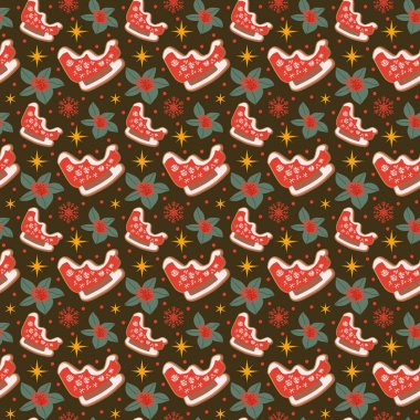 Noel kurabiyeleri deseni. Sıcak bayram tekrarı tasarımı, bayramlık zencefilli kurabiyeler, mevsimlik botanikler, yıldızlar ve süsler. Kutlama baskıları için eski moda kış arkaplanı