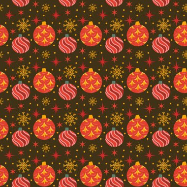 Süslü, mücevherli ve kar taneli bir Noel şablonu. Paketleme ve kumaş tasarımı için Noel arkaplanı. Noel süslemeleri pürüzsüz desen.