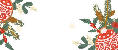 Botanik yılbaşı çerçevesi, çoban üzümü, karmersini, ladin dalları, zencefilli kurabiye ve süs eşyasıyla. Kutlama kartları ve davetiyeler için kutlama şablonu.