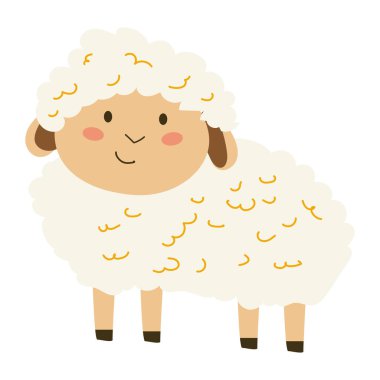 Çizgi film koyunları. Çocuk tarzında şirin koyunlar. Çocuk vektör çizimi. Çiftlik hayvanı, şeffaf arka planda süt karakteri. Logo, maskot ve çocuk kitabı için..