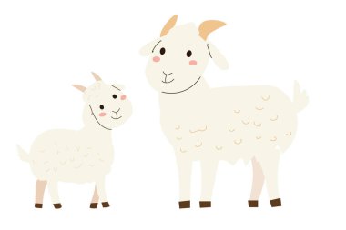 Çizgi film karakteri gibi bir çocukla sevimli bir keçi. Çocuk kitapları, tarım projeleri ve eğlenceli grafikler için mükemmel bir çiftlik hayvanı çizimi.