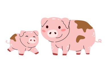 Yavru domuz yavrusu ve çamur lekeli şirin domuz vektör çizimi. Çocuk kitapları, çiftlik hayvanları ya da çocuk grafik projeleri için mükemmel..