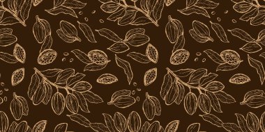 Kahverengi arka planda kakao fasulyesi çikolatası. Kakao bitkilerinde pürüzsüz desen. Yiyecek ambalajı için altın zengini tasarım.