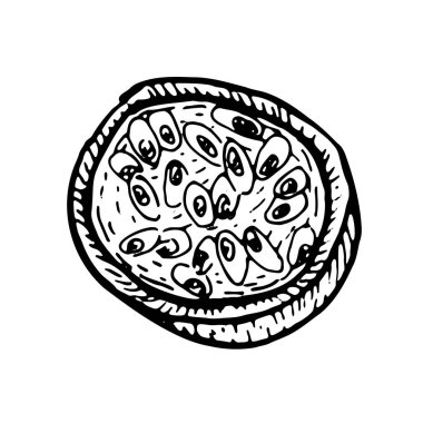 Çilekli meyve suyu dilimi. İşlenmiş tropikal marakuja parçası, izole edilmiş klasik eskiz, doğal sağlıklı abur cubur çizimi.