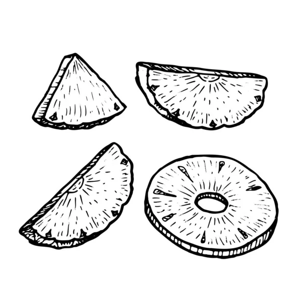 Ananas dilimi seti. Tropikal ananas parçaları ve halkalar izole edilmiş, retro yemek vektör çizimi, yemek pişirmek ve yaz menüsü tasarlamak için tatlı tatlı elementler.