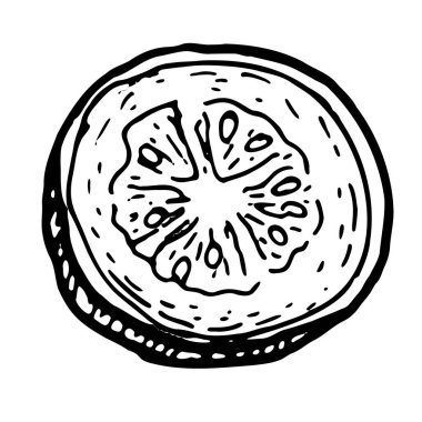 Guava vektör çizimi. Kurutulmuş guava parçası beyaz, tropikal tatlı organik atıştırmalıklar, sağlıklı yaz yemeği skeci..