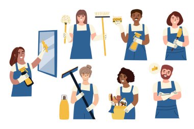 Çizgi film temizlik şirketi personeli üniformalarını giymiş. Vektör illüstrasyonu izole edildi. Ev işleri tasarımı için ofis ve ev işçileri. Çizgi filmdeki kadın ve erkekler temizlik aletleriyle farklı etnik kökenlere sahipler..