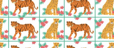 Soyut bengal kaplanı ve kare şeklinde çiçeksiz desenli leopar. Çizgi filmlerdeki gibi şirin bir hayvan izi. Beyaz arkaplanda vektör illüstrasyonu.