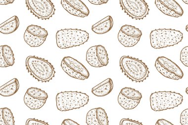 Soursop guanabana meyvesi pürüzsüz desen. Graviola doğrusal vintage tarzında. İşlemeli tropikal meyve arka planı. Tekstil, ambalaj, kumaş tasarımı için kullanılabilir. Egzotik meyve elle çizilmiş taslak