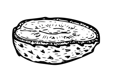 Soursop meyvesi yarı yarıya üstte. Egzotik meyvelerin elle çizilmiş mürekkep çizimi. Yiyecek arka planı, etiketler, ambalaj tasarımı için kullanılabilir.