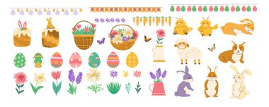 Vektör Mutlu Paskalyalar ve Bahar elementleri ayarlandı. Paskalya yumurtaları, bahar çiçekleri, tavuklar ve tavşanlar, su bastonu, kuzu ve bayrak.