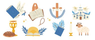 İsa, haç, İncil, kilise, güvercin, kuzu ve zambak ile hazırlanmış şirin bir Paskalya öğesi. Dini çizgi film sembolleri düz vektör biçiminde.