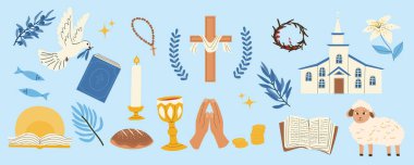 Hristiyan Paskalya dini ikonu, haç, İncil, kilise, güvercin, kuzu, çiçek ve kutsal sembollerle seti. Modern çizgi film tarzında düz vektör çizimi. Katolik Tatilleri için ruhani tasarım unsurları