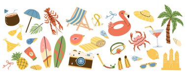 Tatil unsurları ve plaj aksesuarları olan tropik yaz çıkartmaları. Palmiye ağaçları, güneş, güneş gözlüğü, parmak arası terlik, deniz kabuğu, sörf tahtası ve kokteylli karikatür tarzı deniz tatili seti..