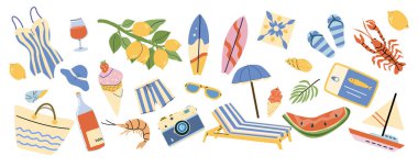 Akdeniz kıyısı yaz çıkartmaları, tatil malzemeleri ve plaj aksesuarları. Limon ağaçları, güneş, güneş gözlüğü, parmak arası terlik, deniz kabuğu, sörf tahtası ve kokteyl içeren düz çizgi film seti.