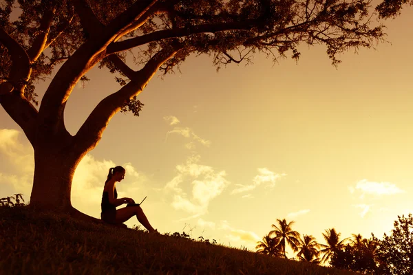 Woman using computer in the park — Stock Photo, Image