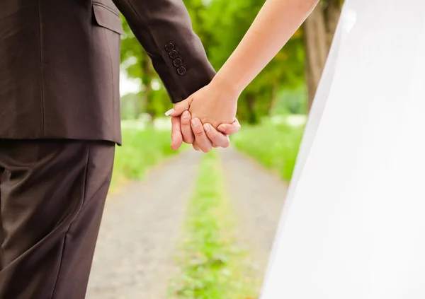 Hochzeitspaar hält Händchen — Stockfoto