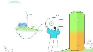 Enerji Verimliliği ve Yenilenebilir Kaynaklar Depolama Sistemleri animasyonu. Çevreye çevre dostu temiz ve yeşil alternatif enerjiyle çalışan batarya sistemleriyle kirlilikten arınmış çözüm. Modern stil animasyon!