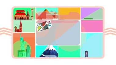 Ünlü dünya seyahatleri, güzel ve renkli bir animasyonda uçuşları ve seyahatleri olan anıtlar! Başlık eklemek için boş alan!