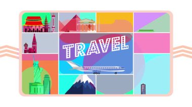 Ünlü dünya seyahatleri, güzel ve renkli bir animasyonda uçuşları ve seyahatleri olan anıtlar! Seyahat Başlığı.