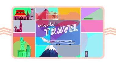Ünlü dünya seyahatleri, güzel ve renkli bir animasyonda uçuşları ve seyahatleri olan anıtlar! Dünya Seyahat başlığı.
