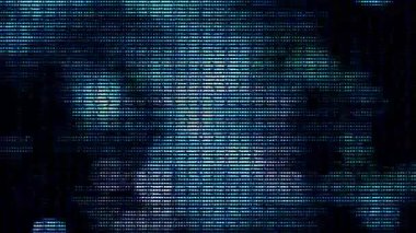 Dijital parçacıklar ve parlayan kodlu grafikler. Bir bilgisayar yapay zekasının sinematik, yüksek teknolojili görselleştirmesi.!