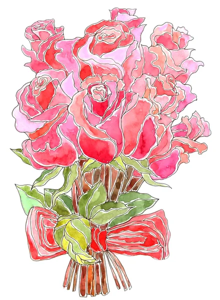 Ramo de Rosas. Ilustración de acuarela pintada a mano. Postal colorida . —  Fotos de Stock