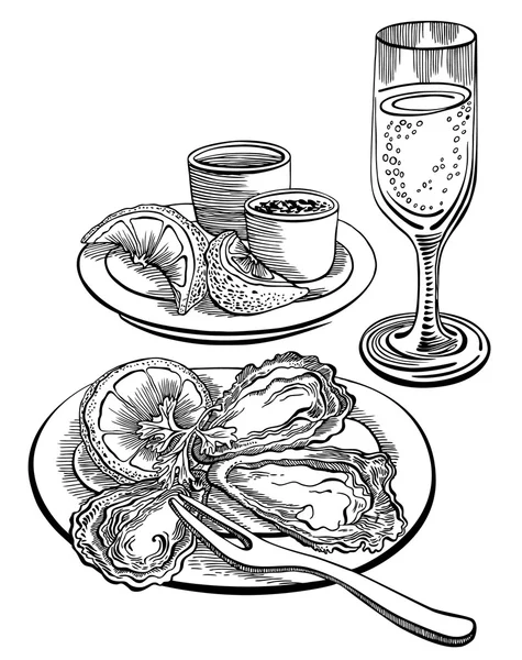 Oysters plate. Vector hand drawn oysters set. Vintage line art illustration. — Stock Vector