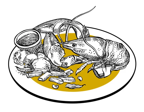 Ilustrasi vektor gambar tangan. Lempeng dengan lobster, kentang, kacang Perancis dan saus. - Stok Vektor