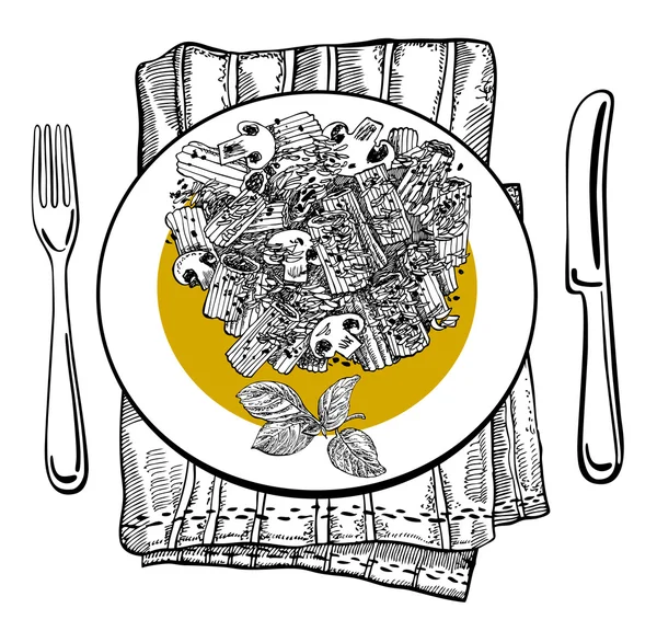 Penne pasta plaat met champignons, Parmezaanse kaas en basilicum. Hand getekend grafische vectorillustratie. Geweldig voor menu, banner, bedrijf bevorderen. — Stockvector