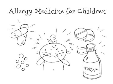 Çocuklar için anti ilaç. Çocuk sağlığı. Vektör grafik kroki.