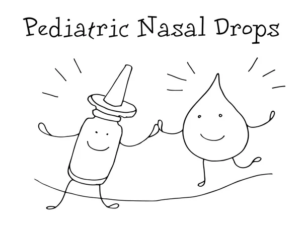 Pediatrische nasale druppels. De gezondheid van de kinderen. Grafische schets in vector. — Stockvector