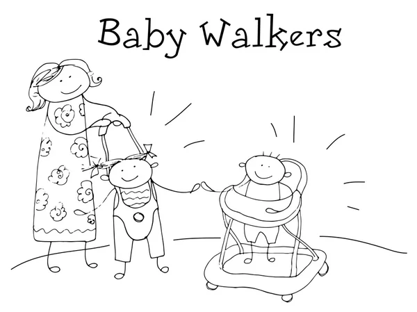 Baby walkers. Graphics sketch in vector. Kids Health. — Stock Vector