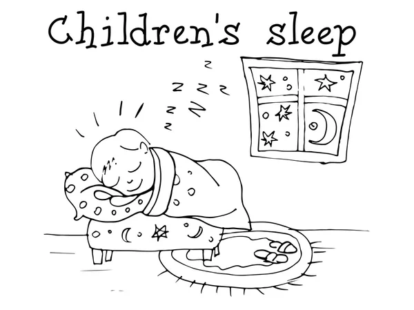 Dormir com crianças. Saúde infantil. Esboço gráfico em vetor . —  Vetores de Stock